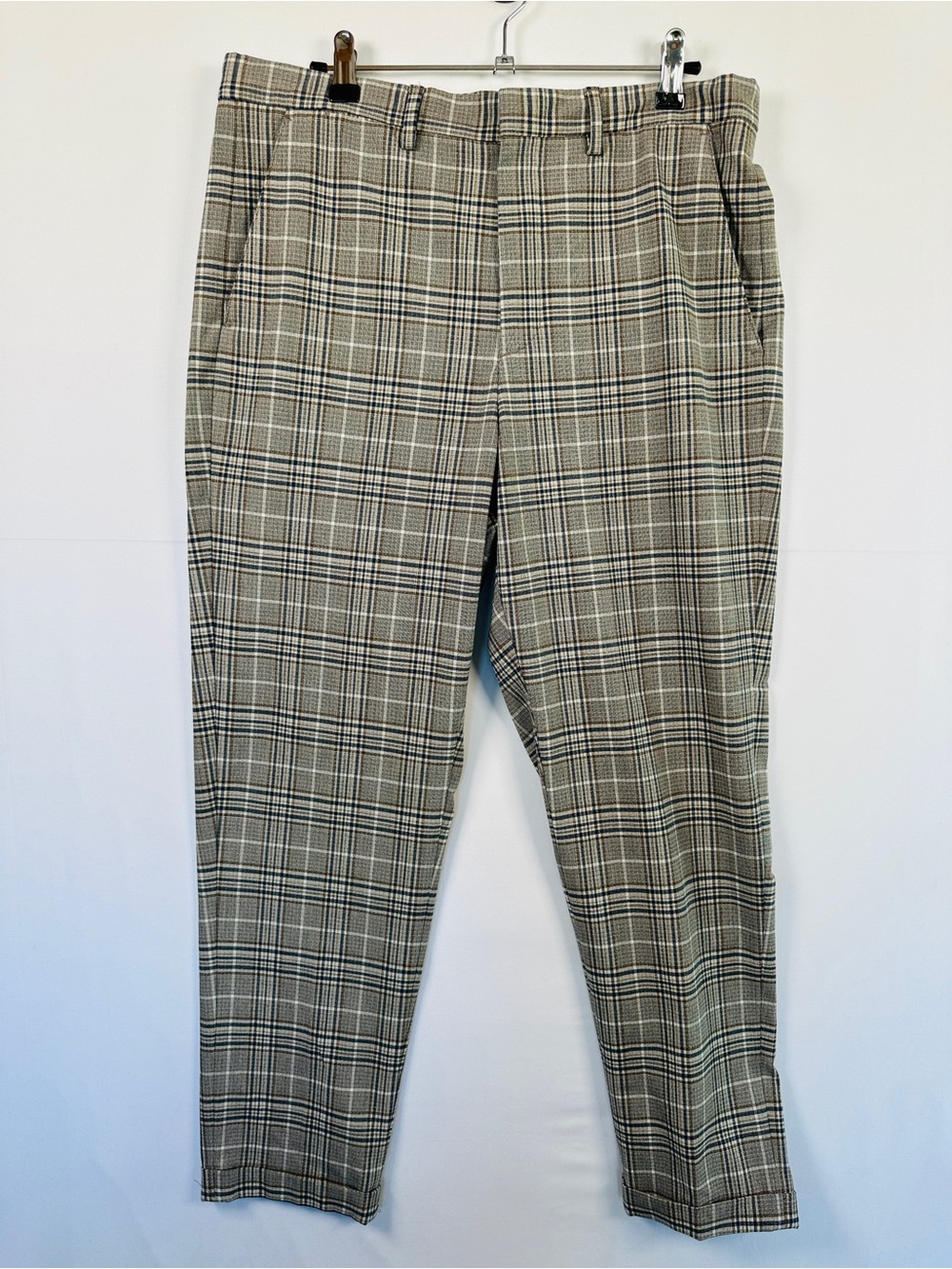 Zara Plaid Check Ankle Trousers Tailored Straight Leg Neutral Size 31
